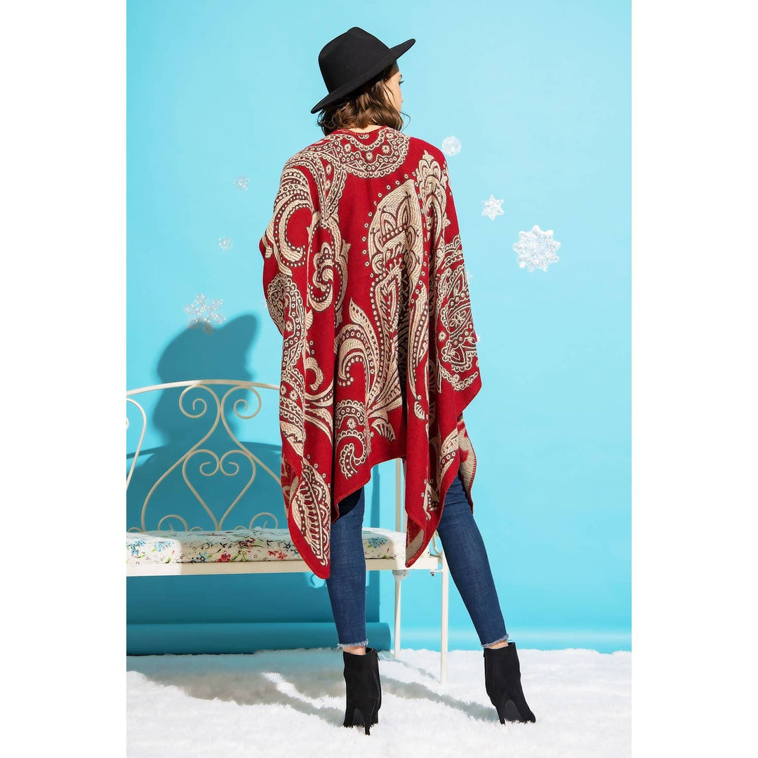 REVERSIBLE FLORAL JACQUARD PONCHO: Red / Black / ONE SIZE
