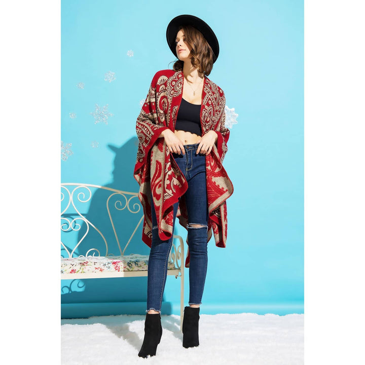 REVERSIBLE FLORAL JACQUARD PONCHO: Red / Black / ONE SIZE
