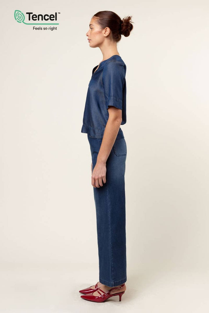 V-Neck Band Blouse: Dark Blue / M