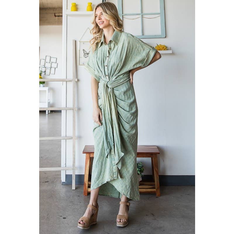 TIE WAIST BUTTON DOWN SHIRT DRESS: MINT