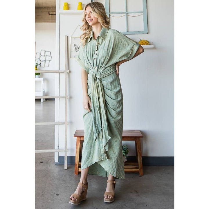 TIE WAIST BUTTON DOWN SHIRT DRESS: MINT