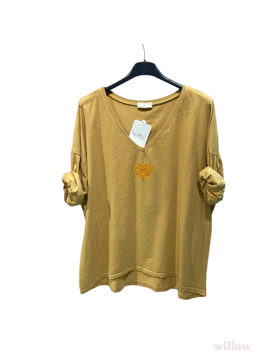 Gold heart long sleeve lurex collar top: Black
