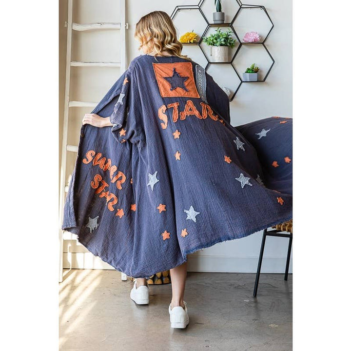 STAR BUTTON FRONT DUSTER: BLUE