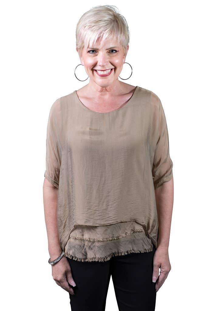 Adriana Silk Double Raw Edge Top (BQ209): Navy