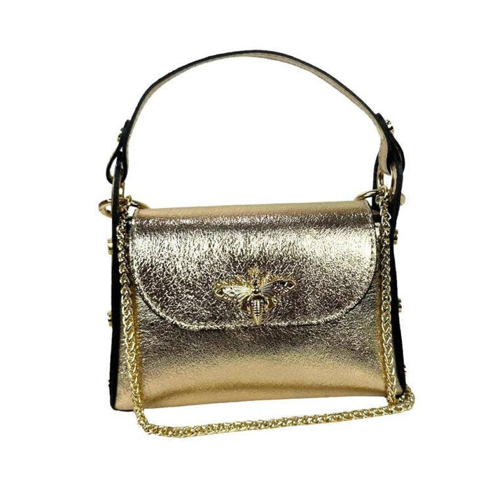 Metallic Leather Bag w/Studs and Bee: Navy blue