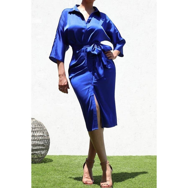 SATIN DRESS WITH WAIST TIE: BLACK / S