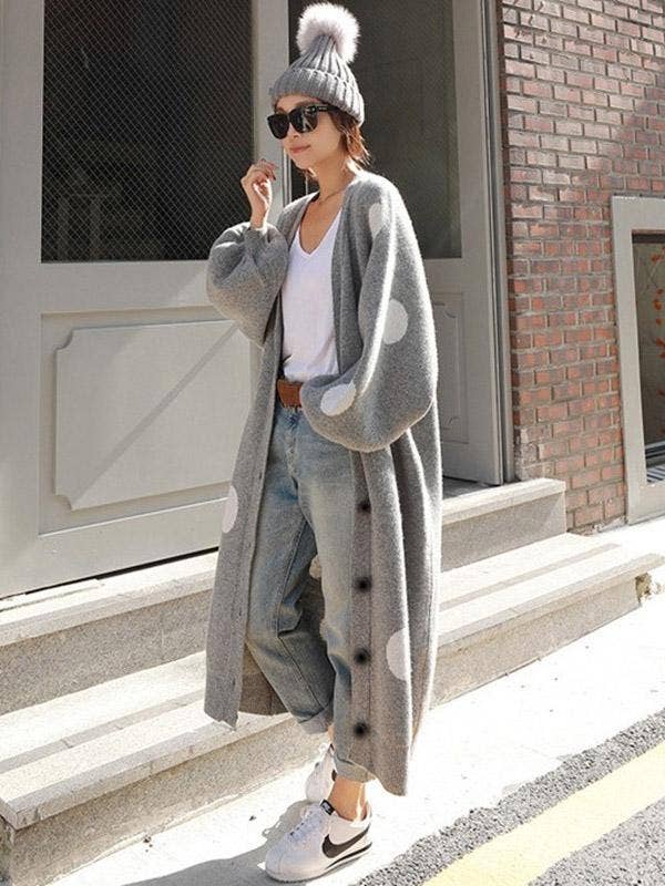 Loose Polka-dot Printed Long Cover-up: GRAY / FREE SIZE