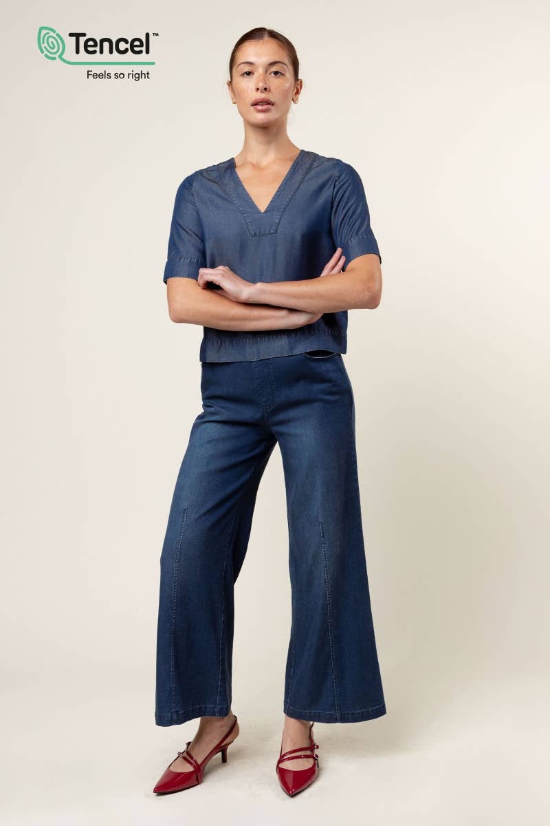 V-Neck Band Blouse: Dark Blue / M