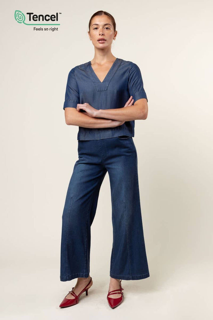 V-Neck Band Blouse: Dark Blue / S