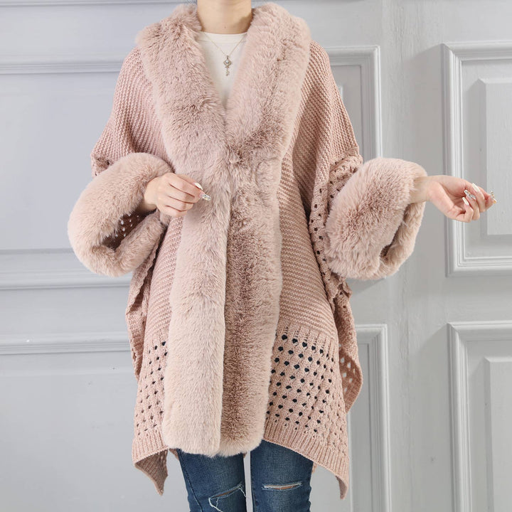 PE364 Hand knitted crochet fur trim cape: Ivory