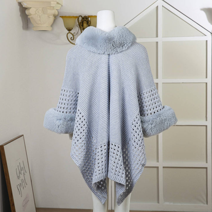 PE364 Hand knitted crochet fur trim cape: Silver