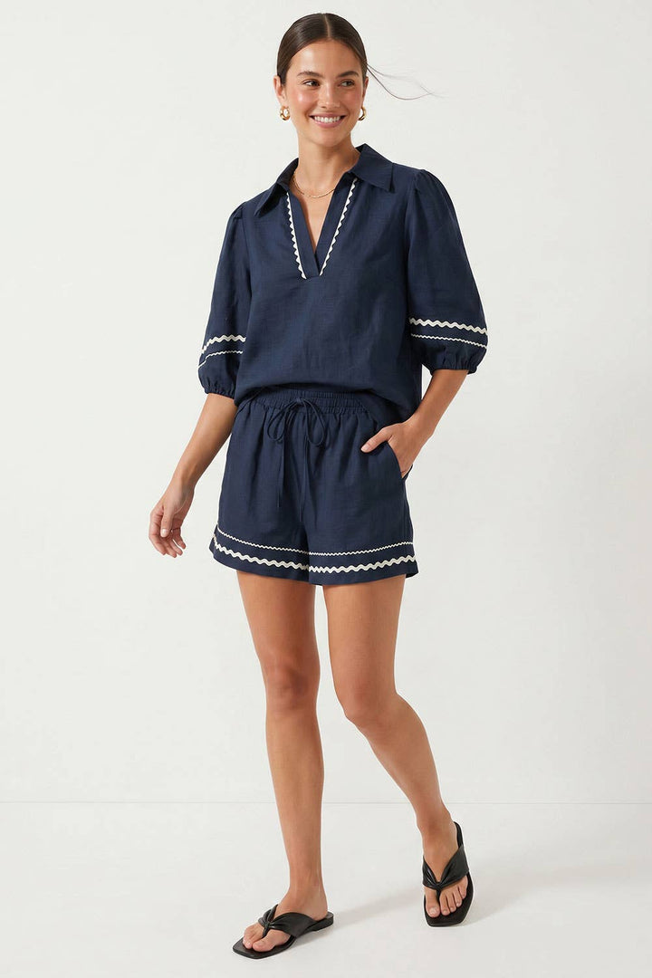 Puff Sleeve Linen Blouse: Navy / S