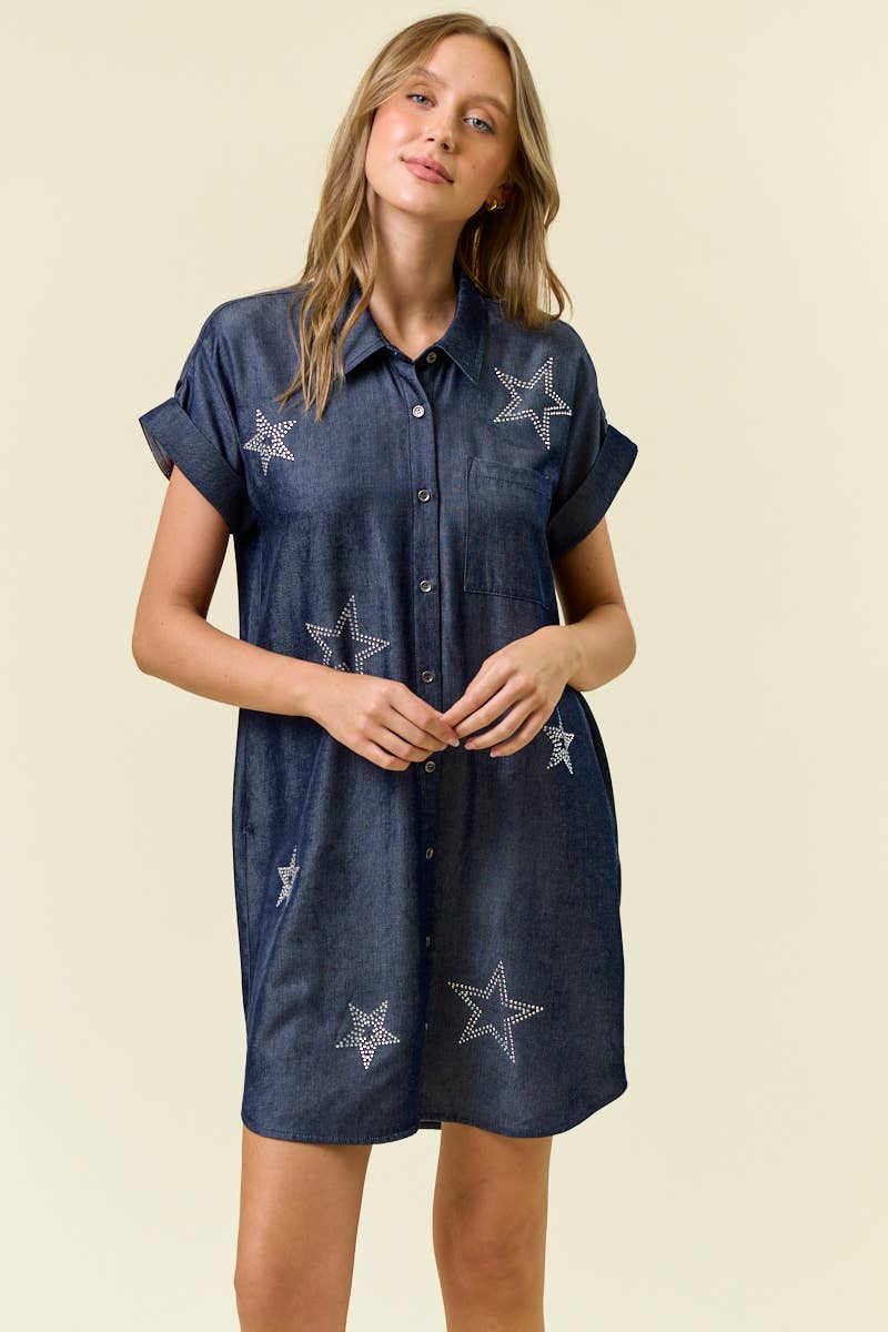 Doe and Rae - STAR STUDDED TENCEL SHIRT DRESS - 28102D: INDIGO / M