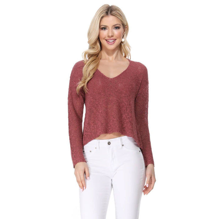 V-Neck Crop Sweater: BRICK / S