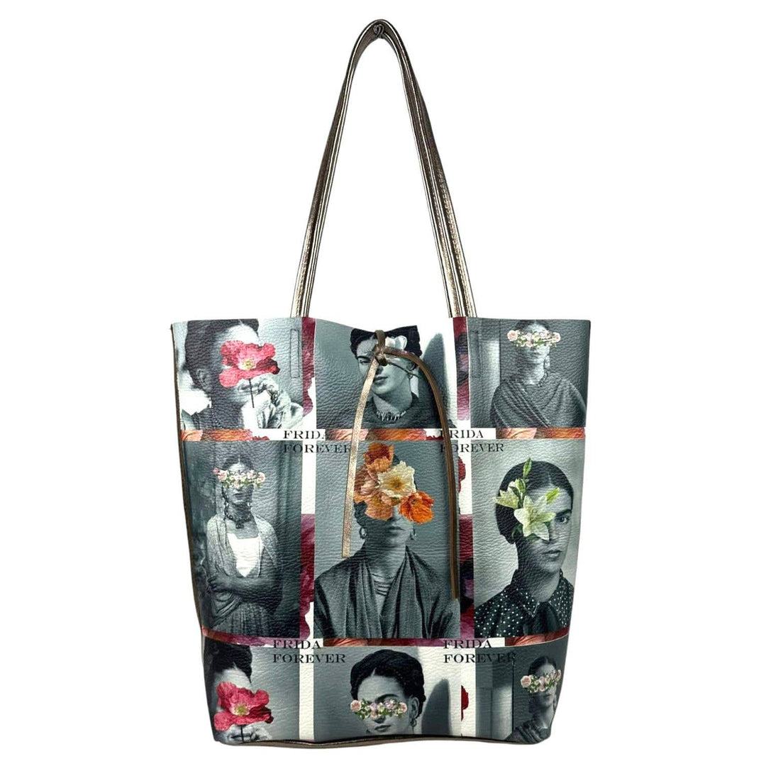 Leather Shopper Bag with Frida Kahlo: Blue