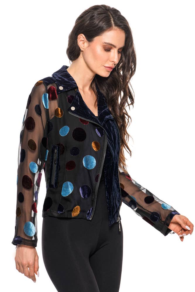 Velvet Polka Dot Mesh Moto Jacket: XL