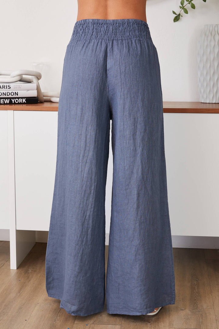 LINEN SMOCKED WAIST PANT: Mocha / S