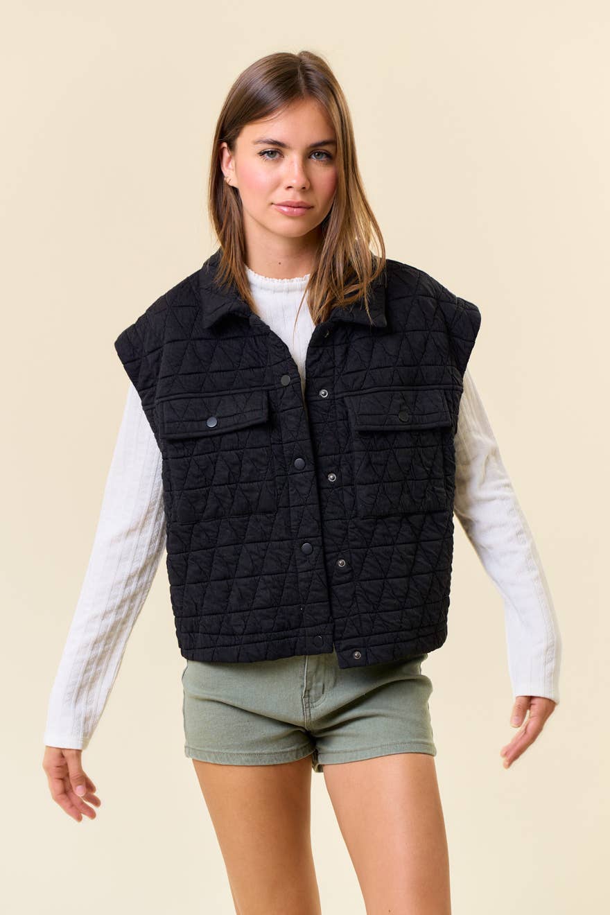 Doe and Rae - QUILTED POINT COLLAR FLAP PATCHED POCKET VEST - 10626J-1: OAT / S