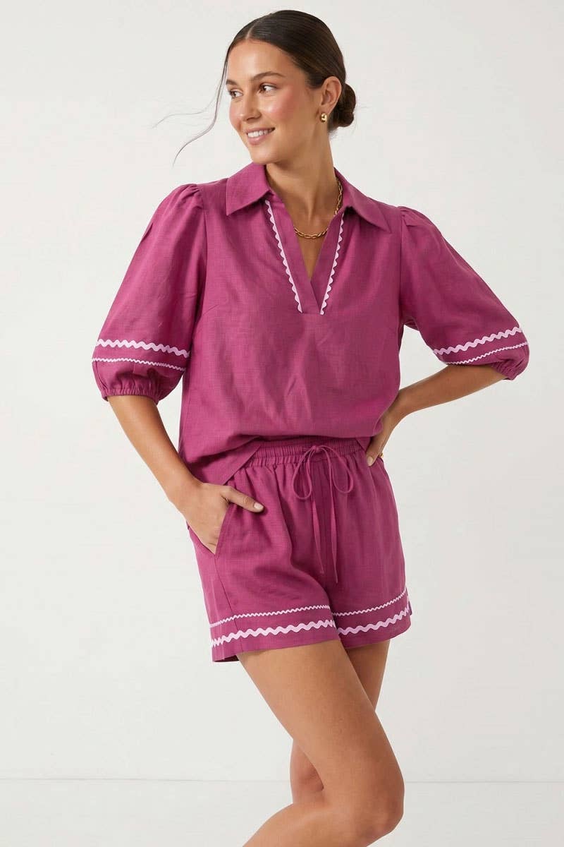Puff Sleeve Linen Blouse: Red / S