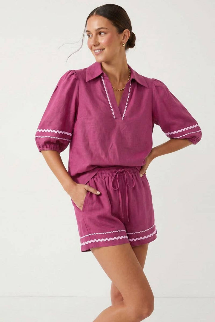 Puff Sleeve Linen Blouse: Red / L