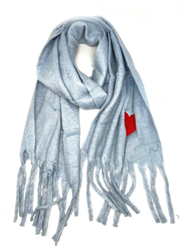 Big fringe scarf with embroidered heart : White