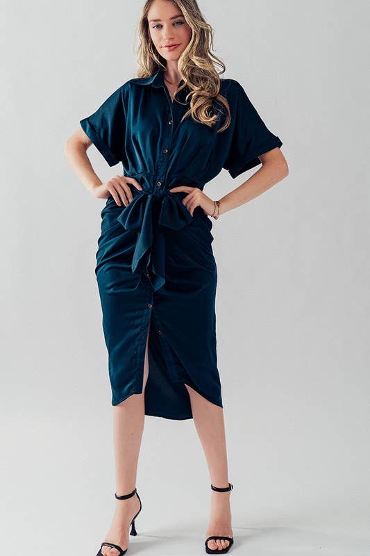 WAIST TIE BELT MIDI SHIRT DRESS: TEAL