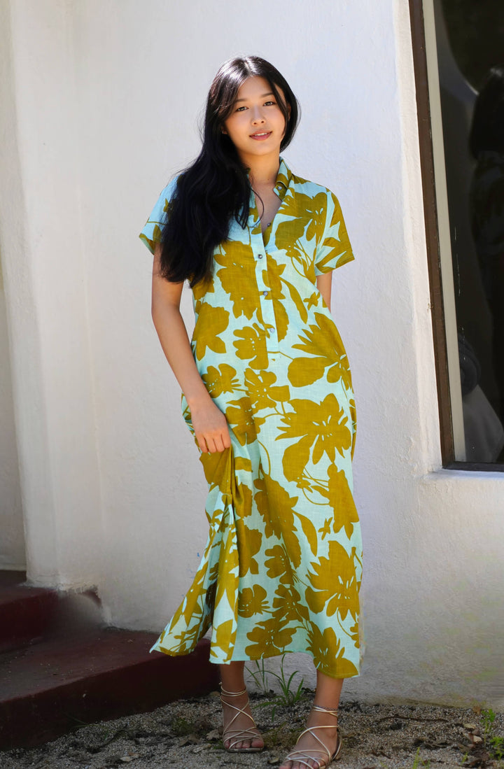 Cotton Dress Turquoise Olive: L
