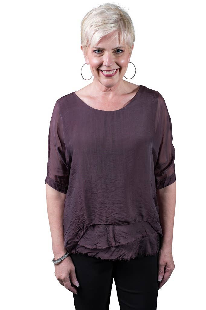 Adriana Silk Double Raw Edge Top (BQ209): Navy