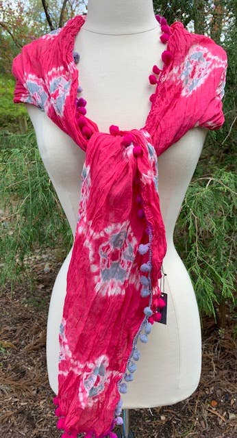 Hand Tie dye 100% Cotton Scarf pom pom edge  pink grey