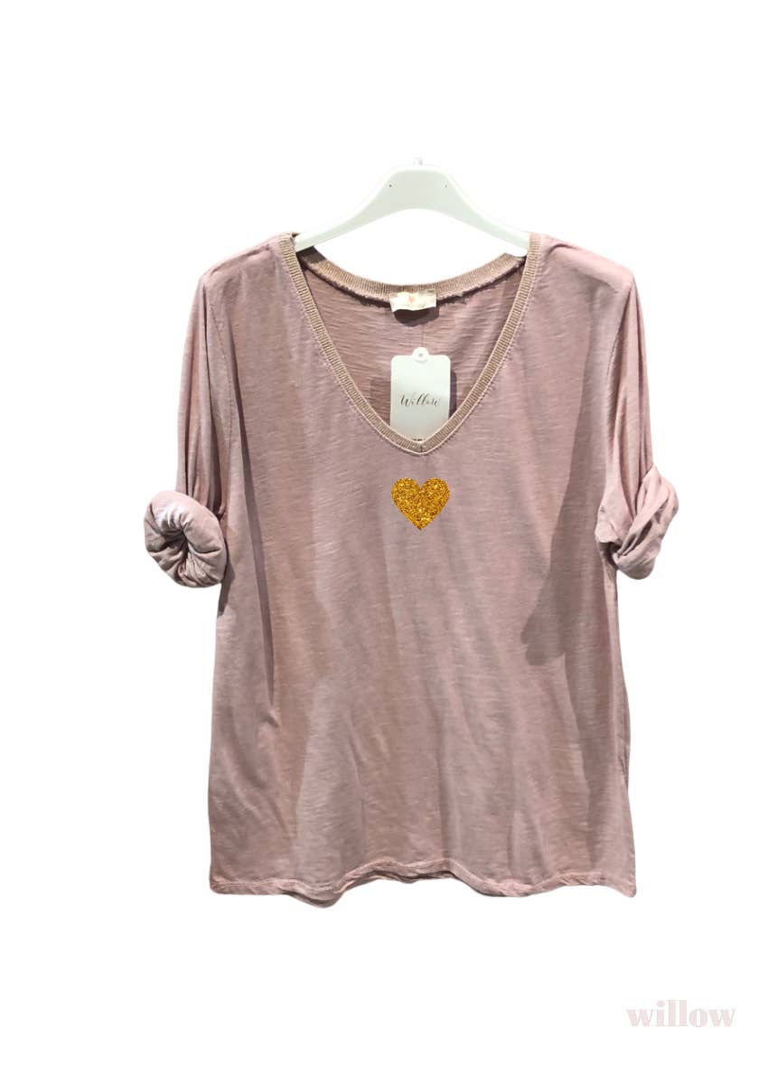 Gold heart long sleeve lurex collar top: Blush
