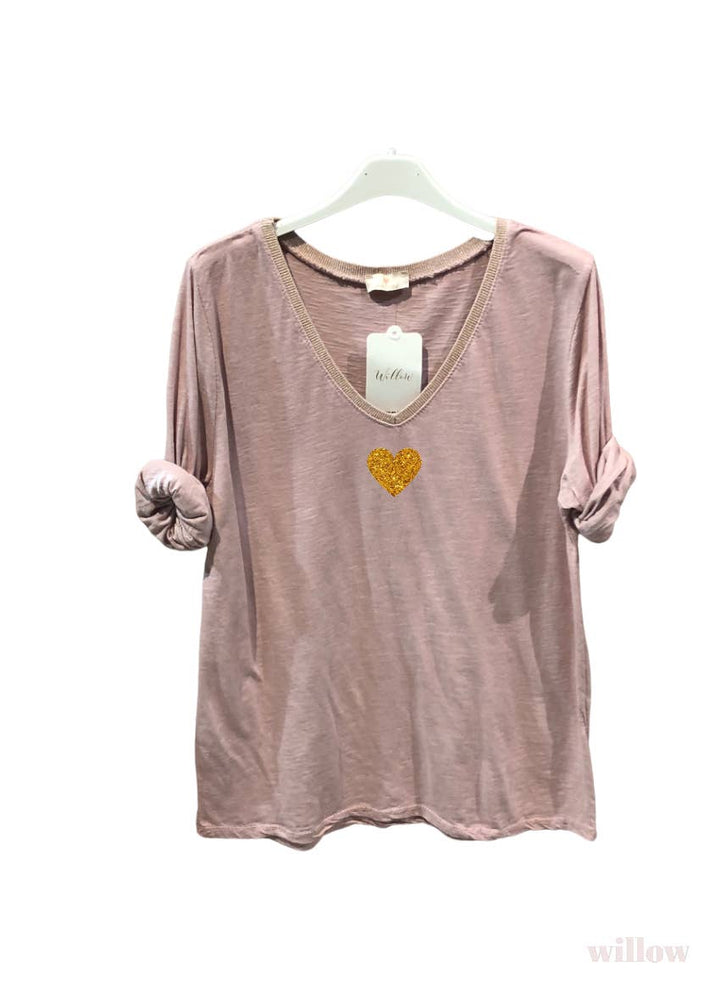 Gold heart long sleeve lurex collar top: Blush