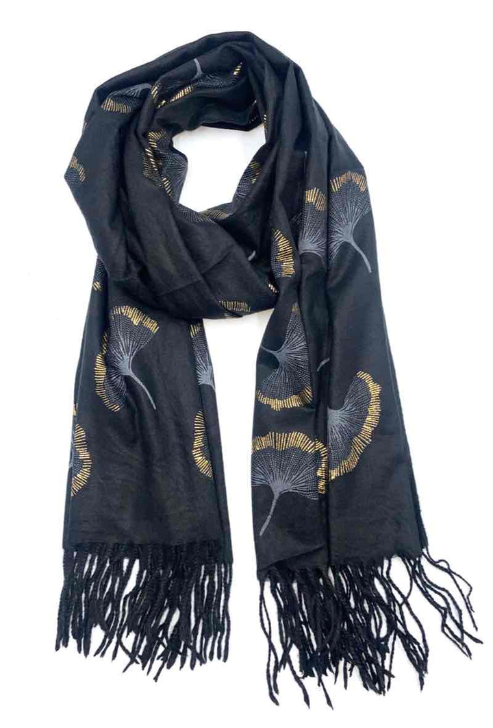 Gingko Leaf Pattern Soft Scarf: White