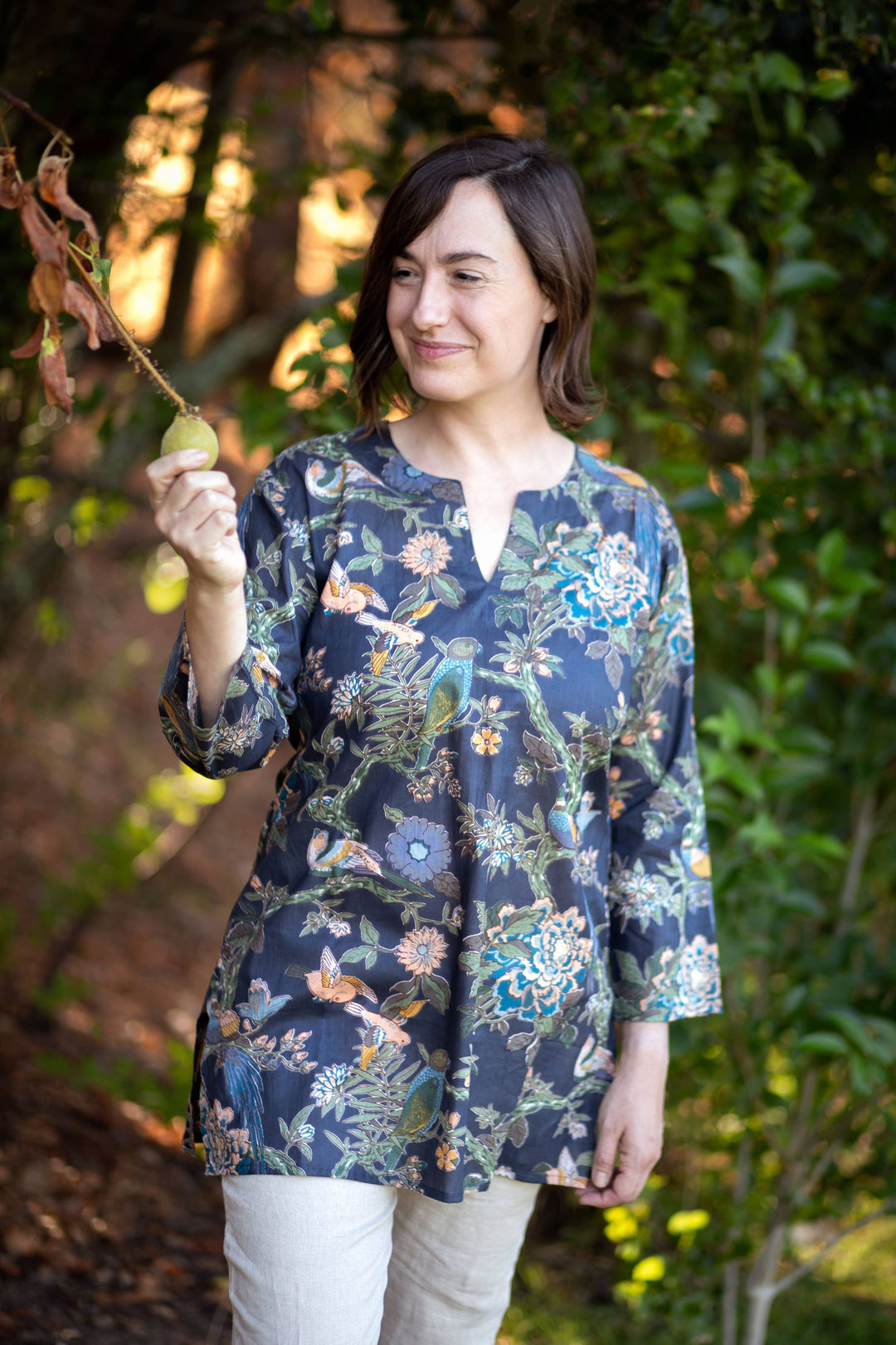 Vintage Bird Print Tunic: Grey / M