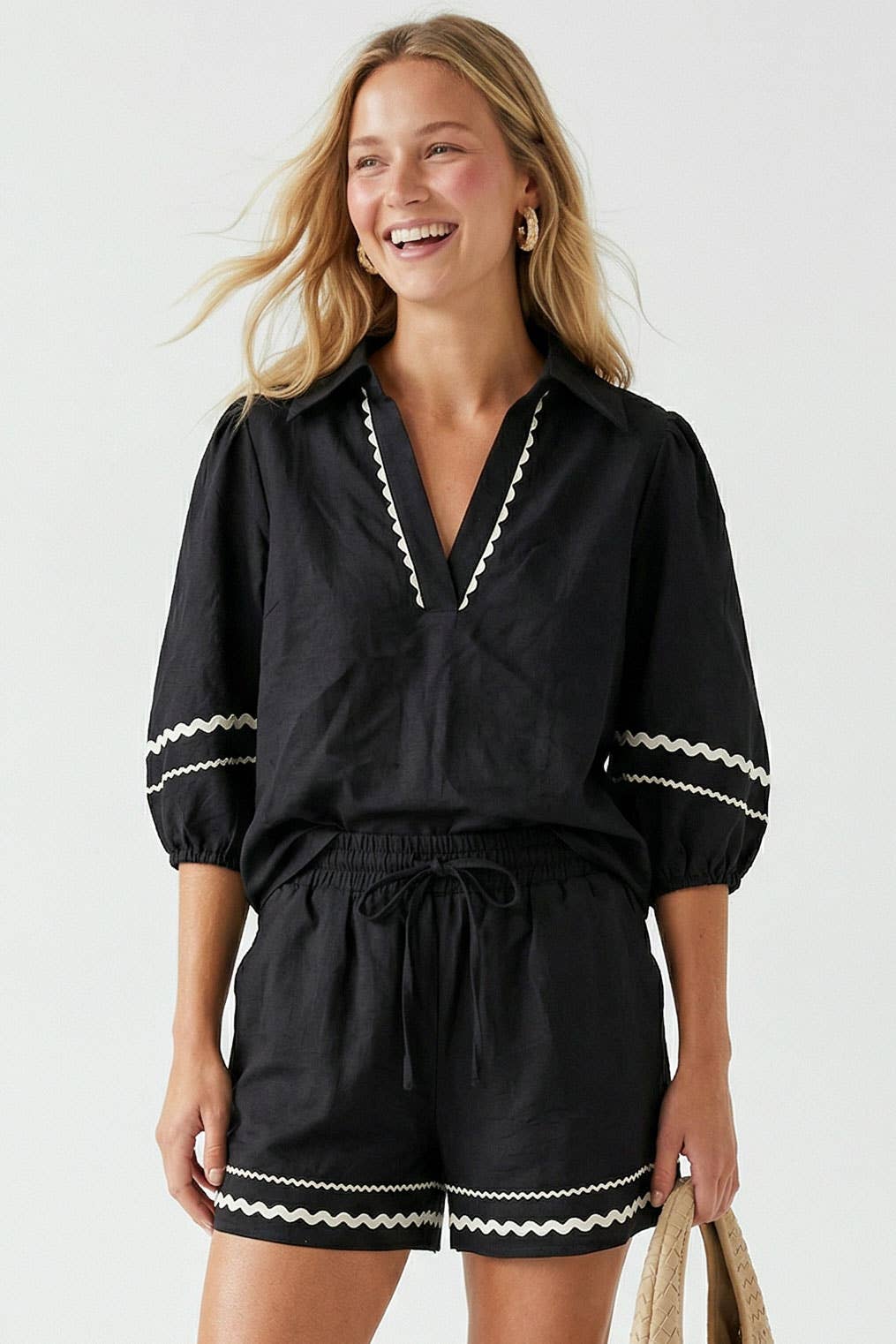 Puff Sleeve Linen Blouse: Navy / M