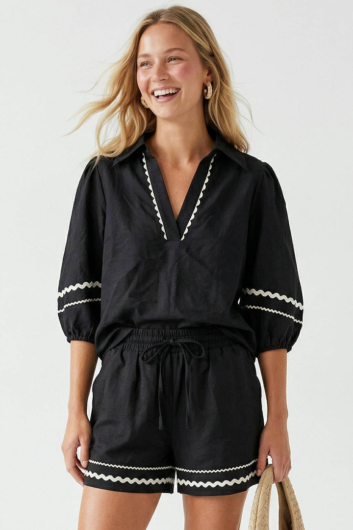 Puff Sleeve Linen Blouse: Navy / S
