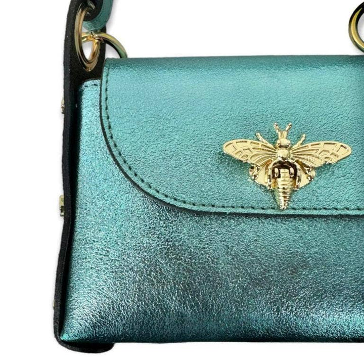 Metallic Leather Bag w/Studs and Bee: Navy blue