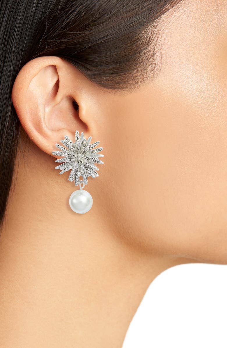 - Starburst clip on earrings with faux pearl drop: Gold