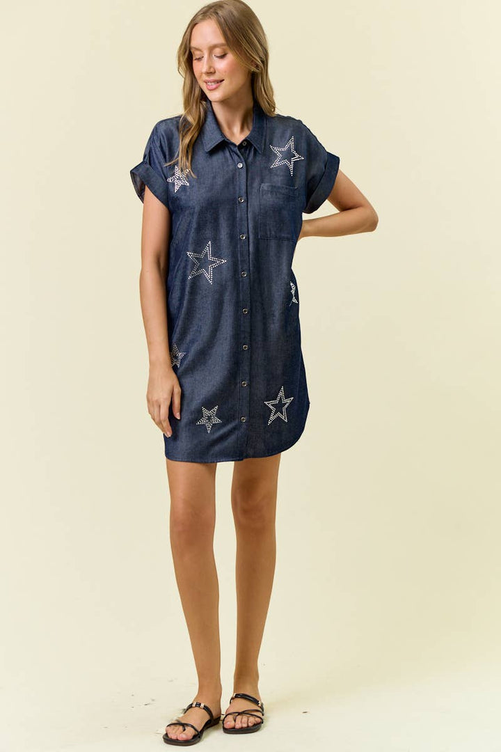 Doe and Rae - STAR STUDDED TENCEL SHIRT DRESS - 28102D: INDIGO / S