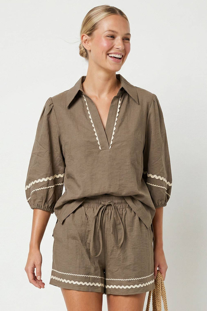 Puff Sleeve Linen Blouse: Navy / S