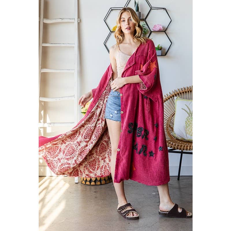 STAR BUTTON FRONT DUSTER: BLUE