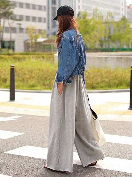 Loose Urban Gray Wide Leg Elastic Waist Pants: LIGHT GRAY / XL