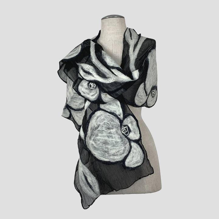 Black On White Flower Wet Felt Scarf