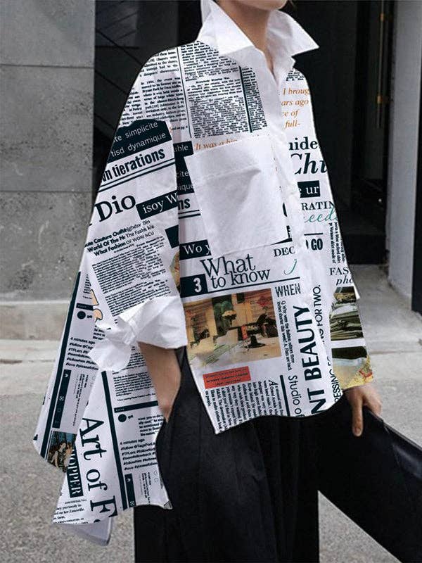 Letter Print High-Low Blouse: WHITE