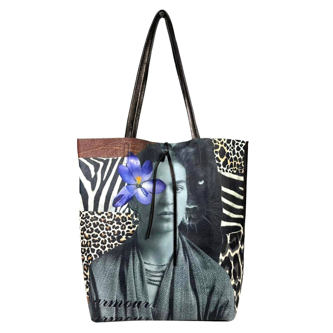 Leather Shopper Bag with Frida Kahlo: Blue