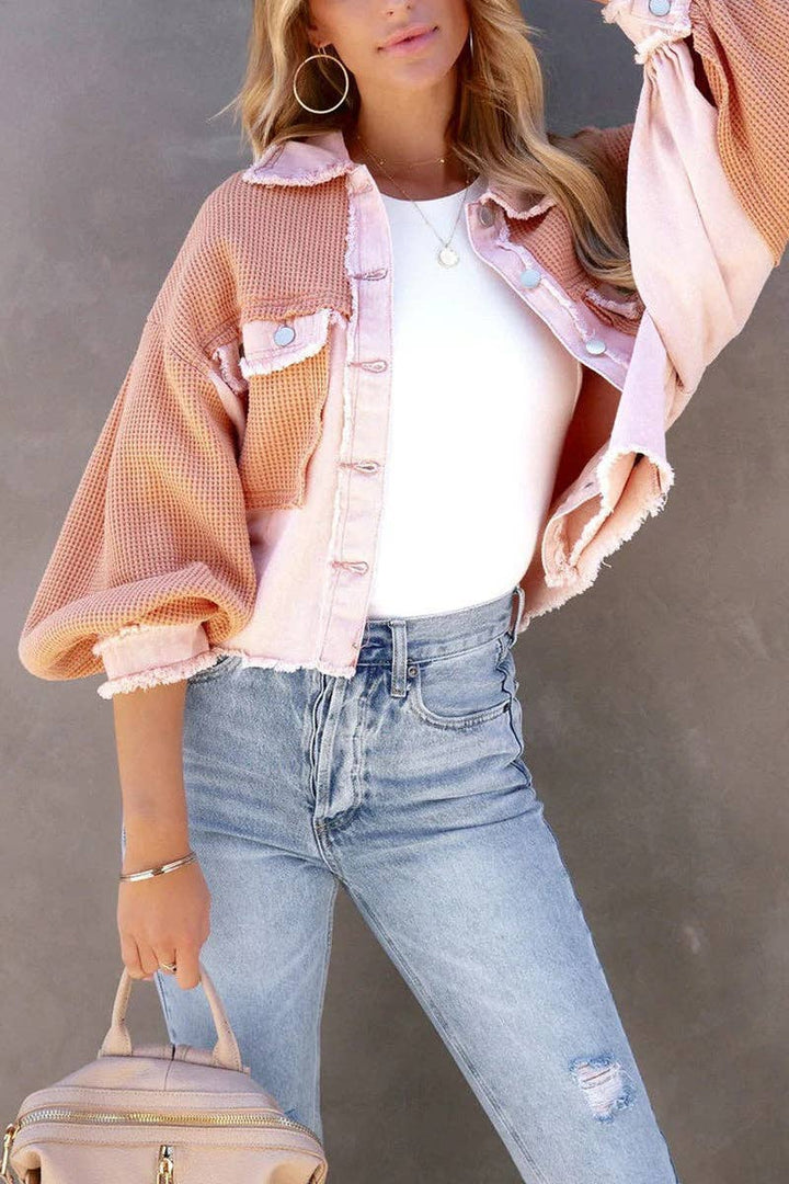Waffle Patch Denim Jacket: GREEN / S