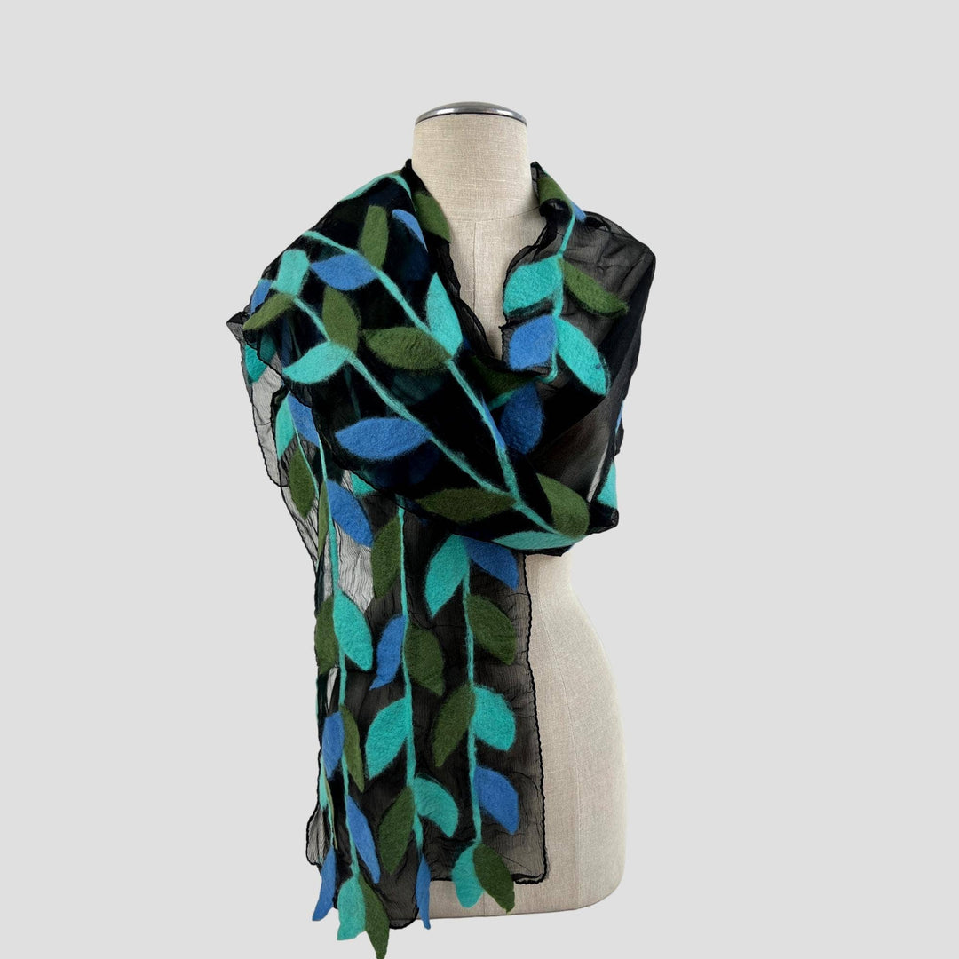 Leaf Merino Wool Handmade Felt Scarf: Gold-Green