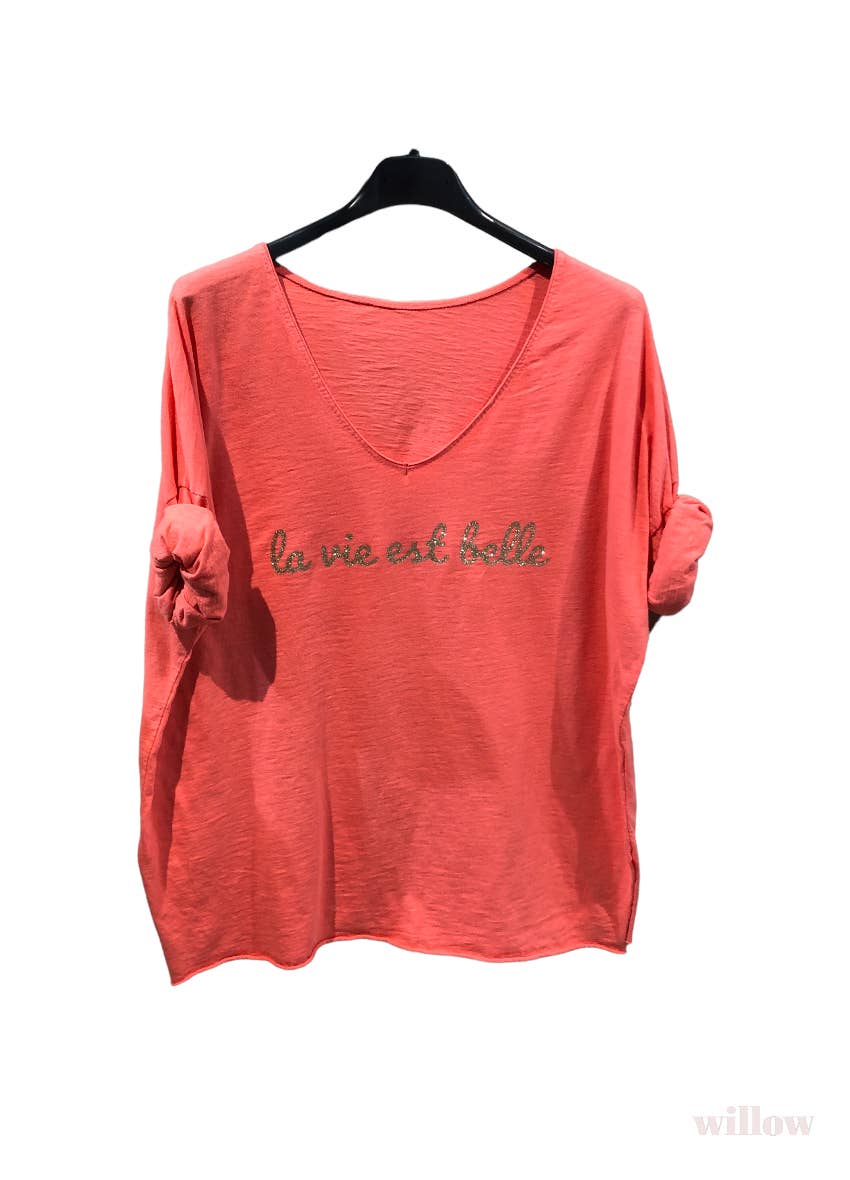 “Life is beautiful” cotton t-shirt: Coral