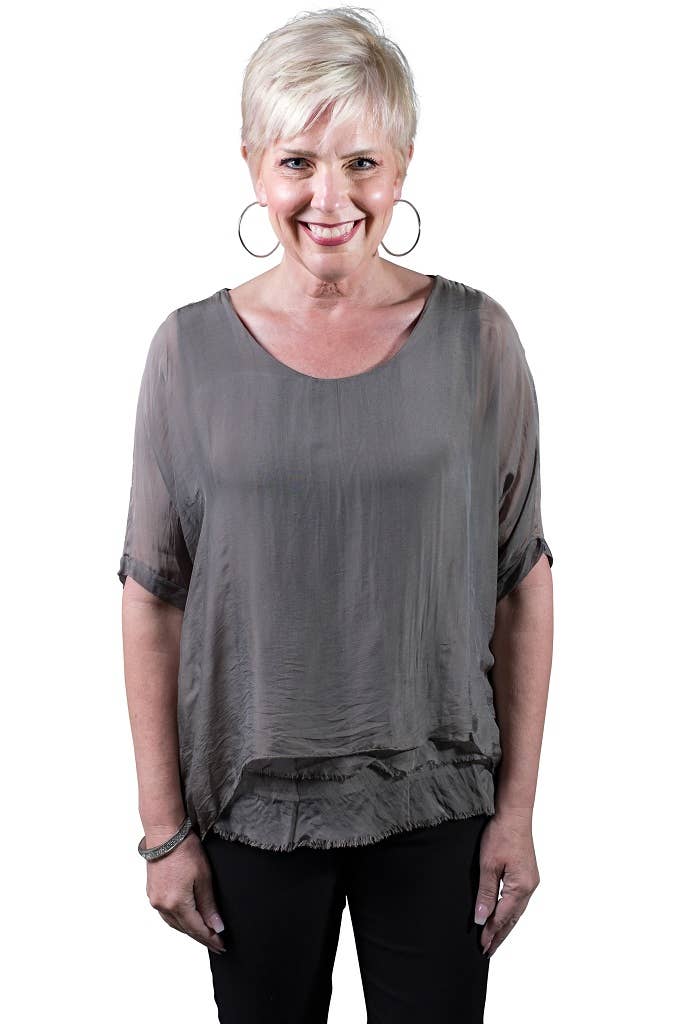 Adriana Silk Double Raw Edge Top (BQ209): Navy