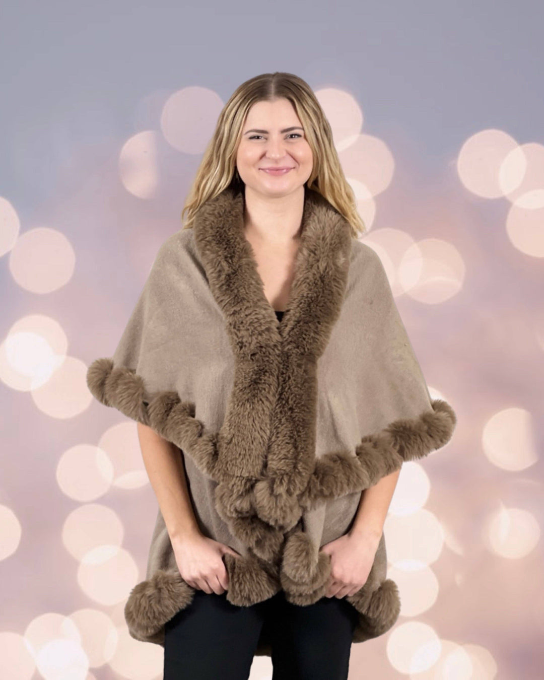 Faux Fur Trim Kimono Knitted O/S / Latte