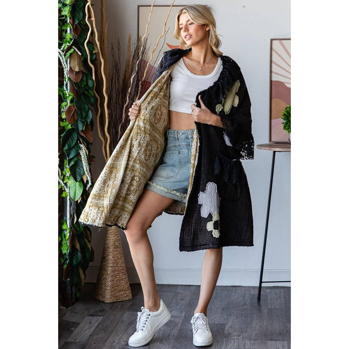 FLOWER LACE RUFFLE DUSTER: BLACK